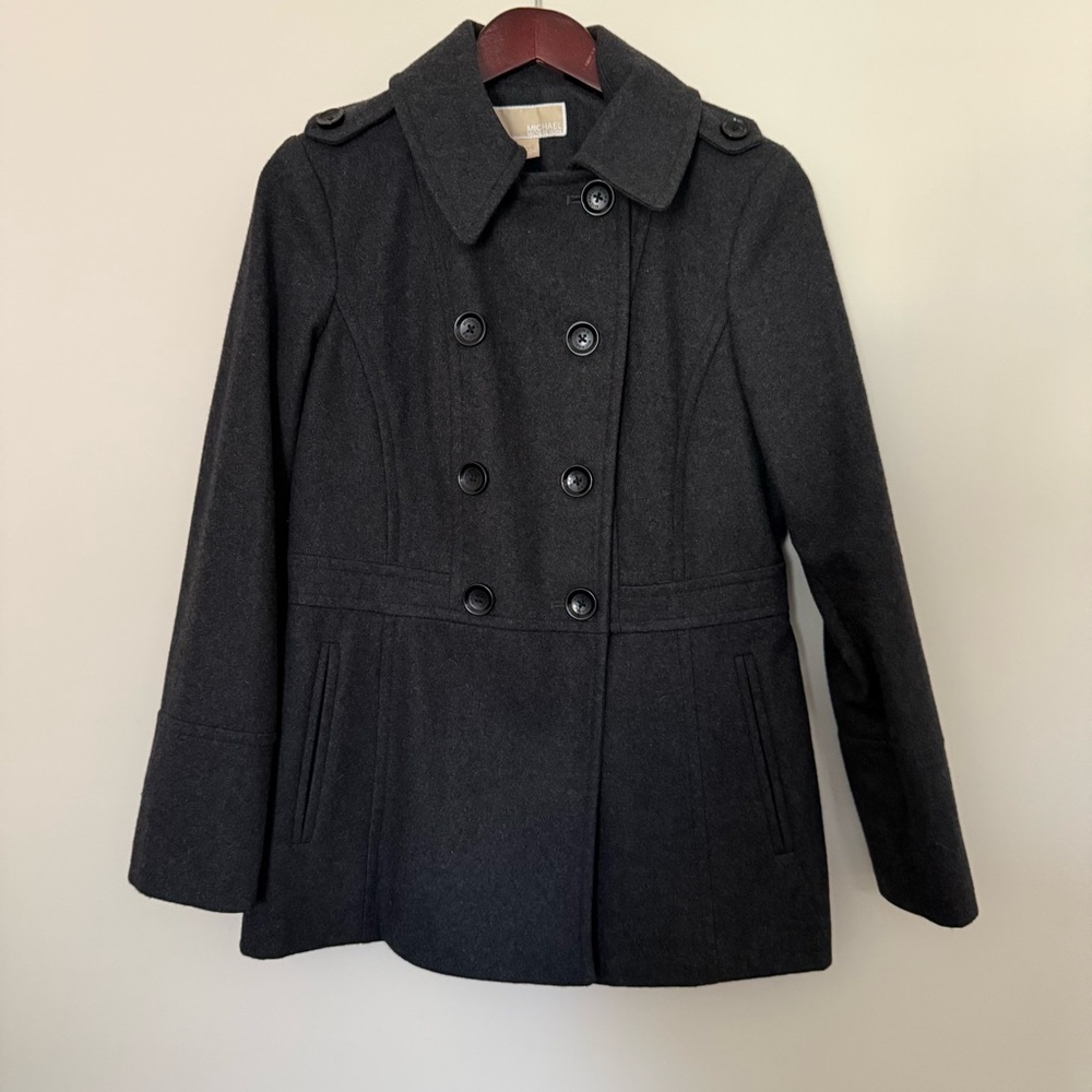 Classic Charcoal Double-Breasted Women's Coat with Military type details. Size S